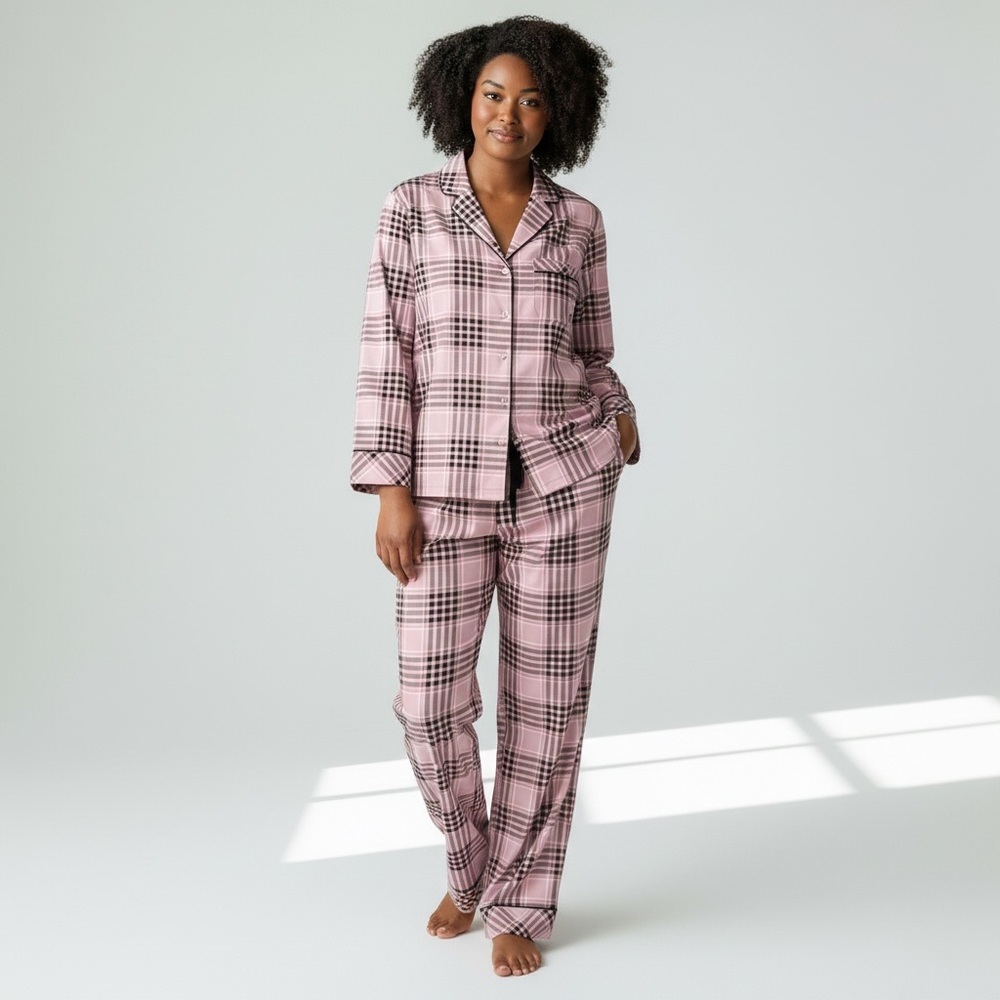 Victoria's Secret Pink Plaid Cotton Flannel Long Pajama Set Relaxed Fit XXL